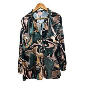 Show Me Your Mumu XL Button‎ Down Top Green Brown Abstract Silky Long Sleeve